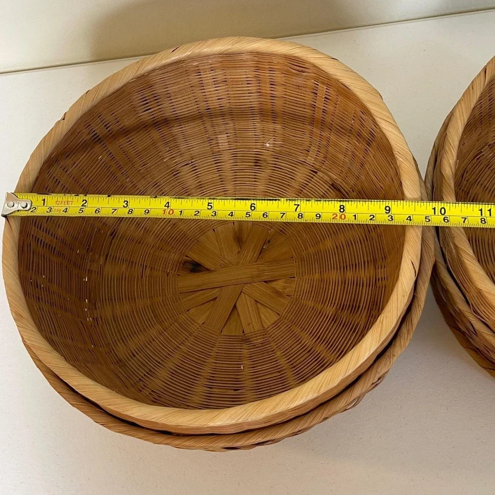 Vintage Woven Bamboo Rattan Round Storage Baskets Planters 2 Brown Boho Natural